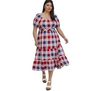 Torrid Puff Sleeve Tiered Maxi Dress Challis Plaid Red White & Blue Sz 3X $103